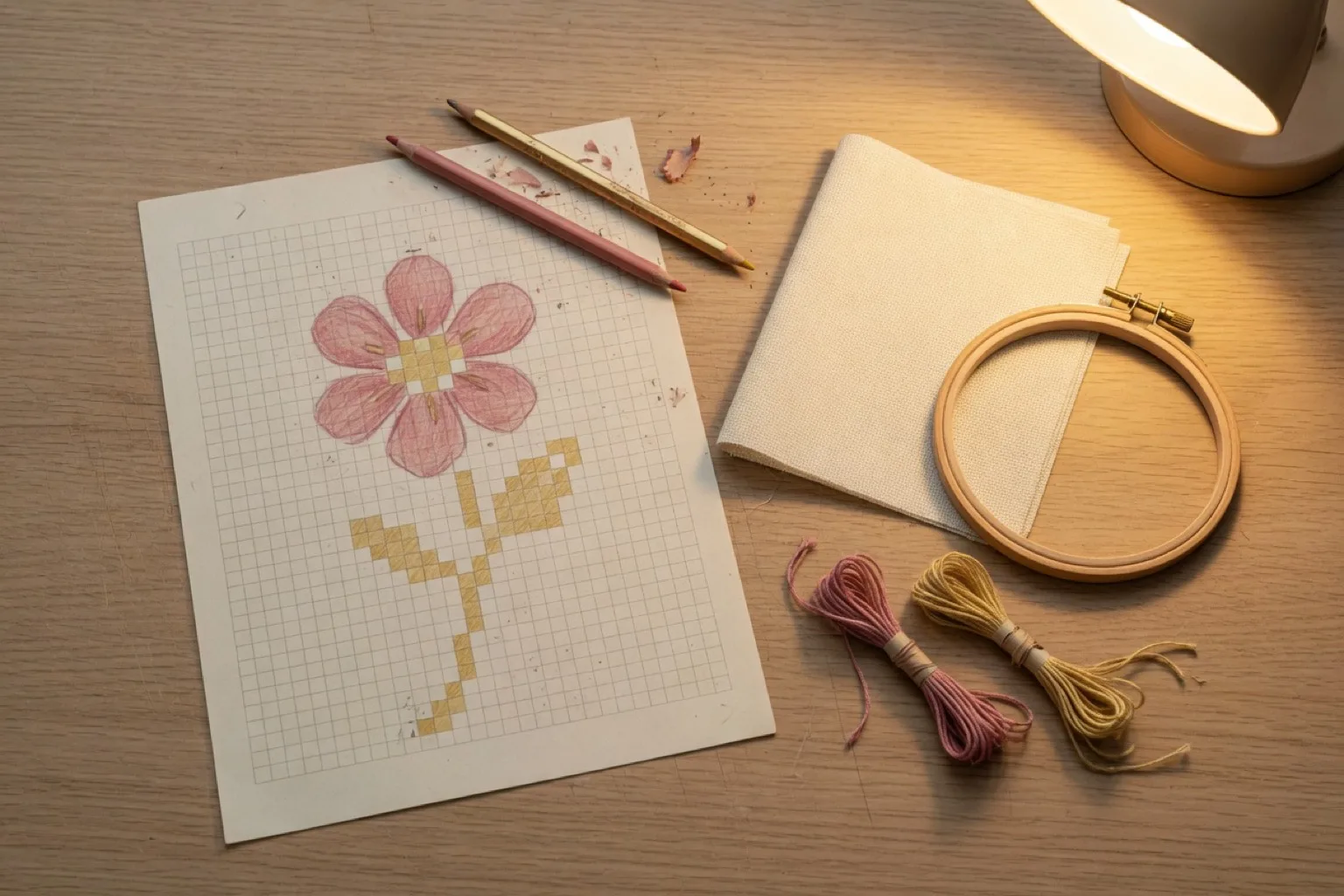 Graph paper with a pink flower drawn as colored squares, blank Aida fabric, an empty wooden hoop, pencils, and two skeins on a wooden desk