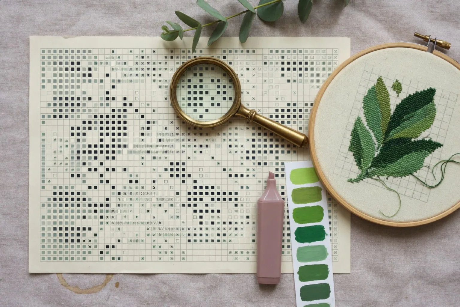 Printed symbol chart with a magnifying glass, a rose highlighter, green floss swatches, and a hoop of stitched green leaves