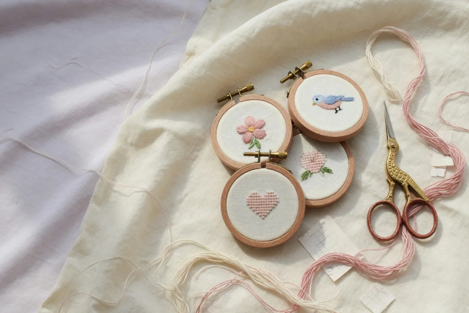 Four small hoops with a heart, flower, rose, and bird, stork scissors, and pink floss on cream linen