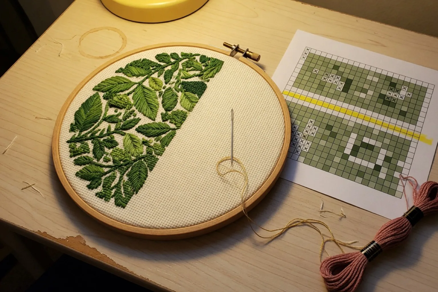 Wooden hoop half stitched in green leaves, a needle parked in empty Aida, and a color-square chart with a yellow highlight stripe