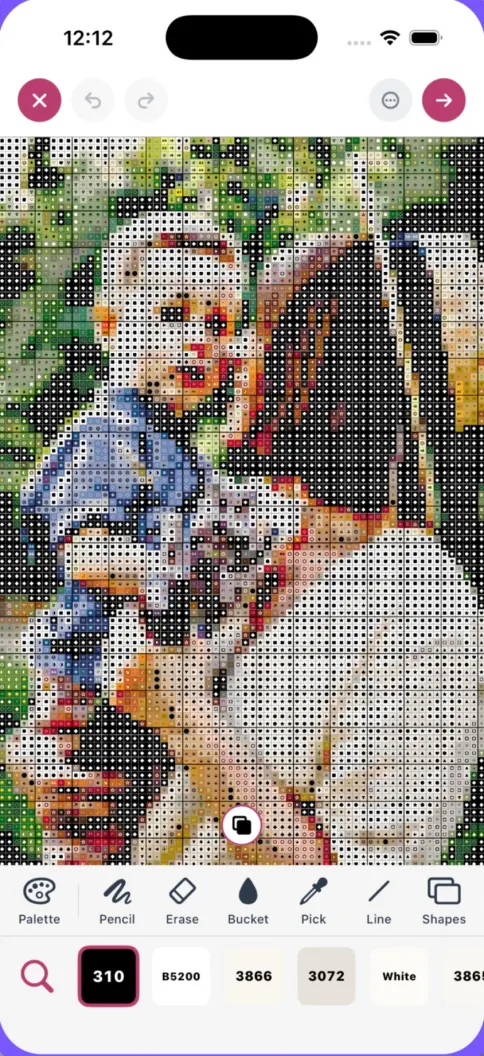 Pattern editor with a stitched portrait and drawing tools