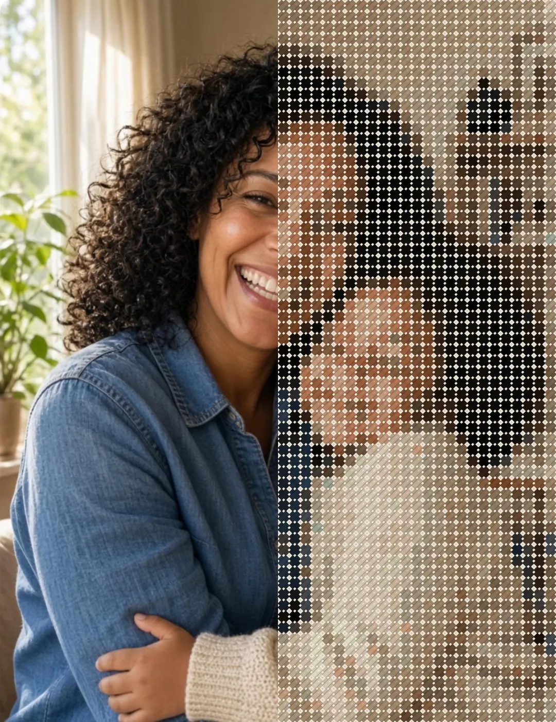A portrait photo fading into the same image as a finished cross stitch