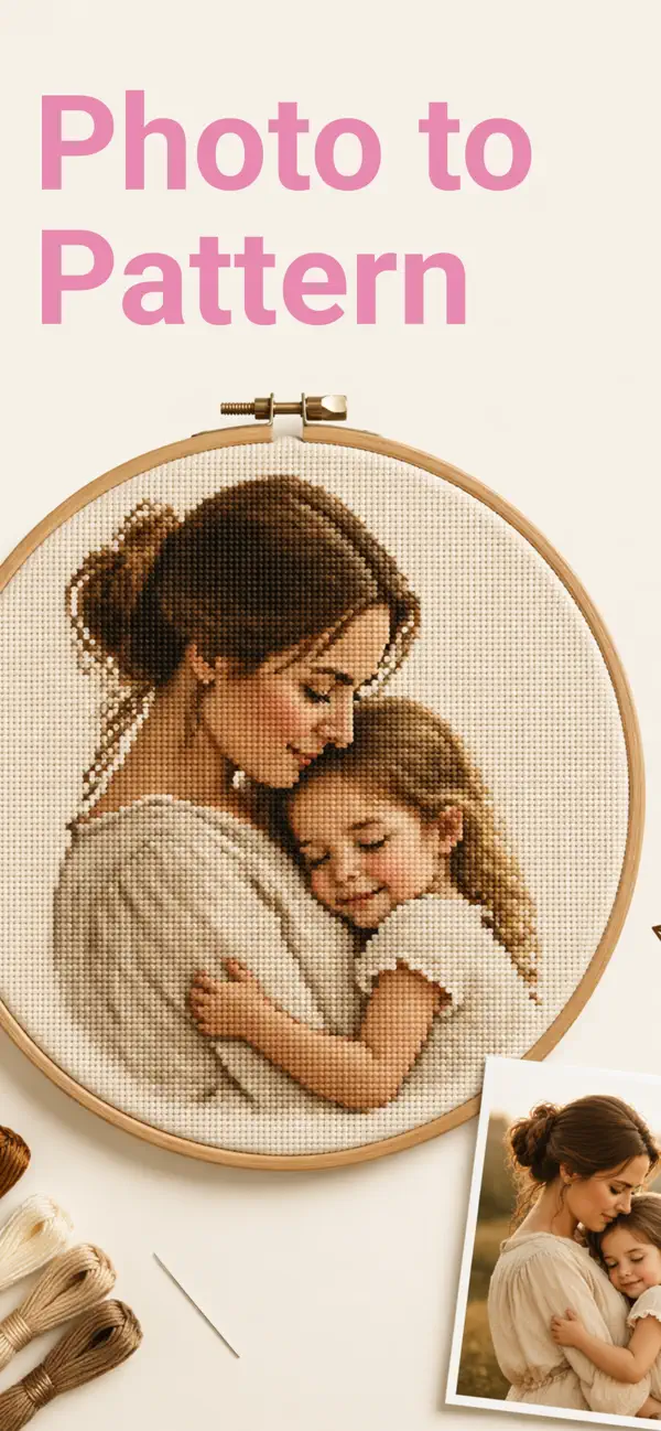 Photo to pattern: a family photo turned into a finished cross stitch hoop