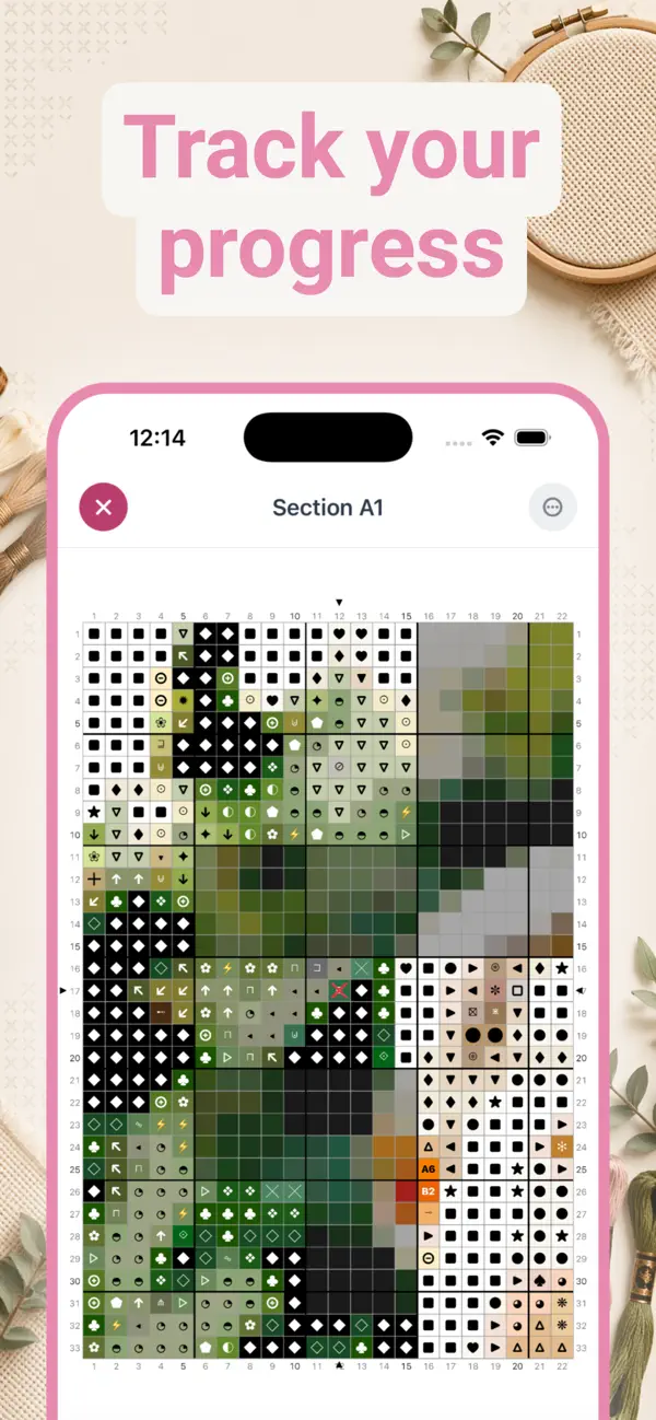 StitchCraft progress tracking with a symbol chart split into sections