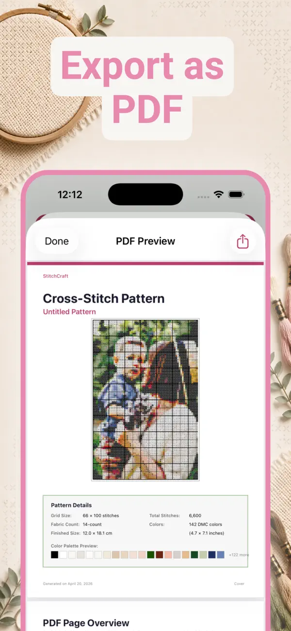 PDF preview showing pattern details: 66 by 100 stitches, 14-count fabric, finished size, and DMC color palette