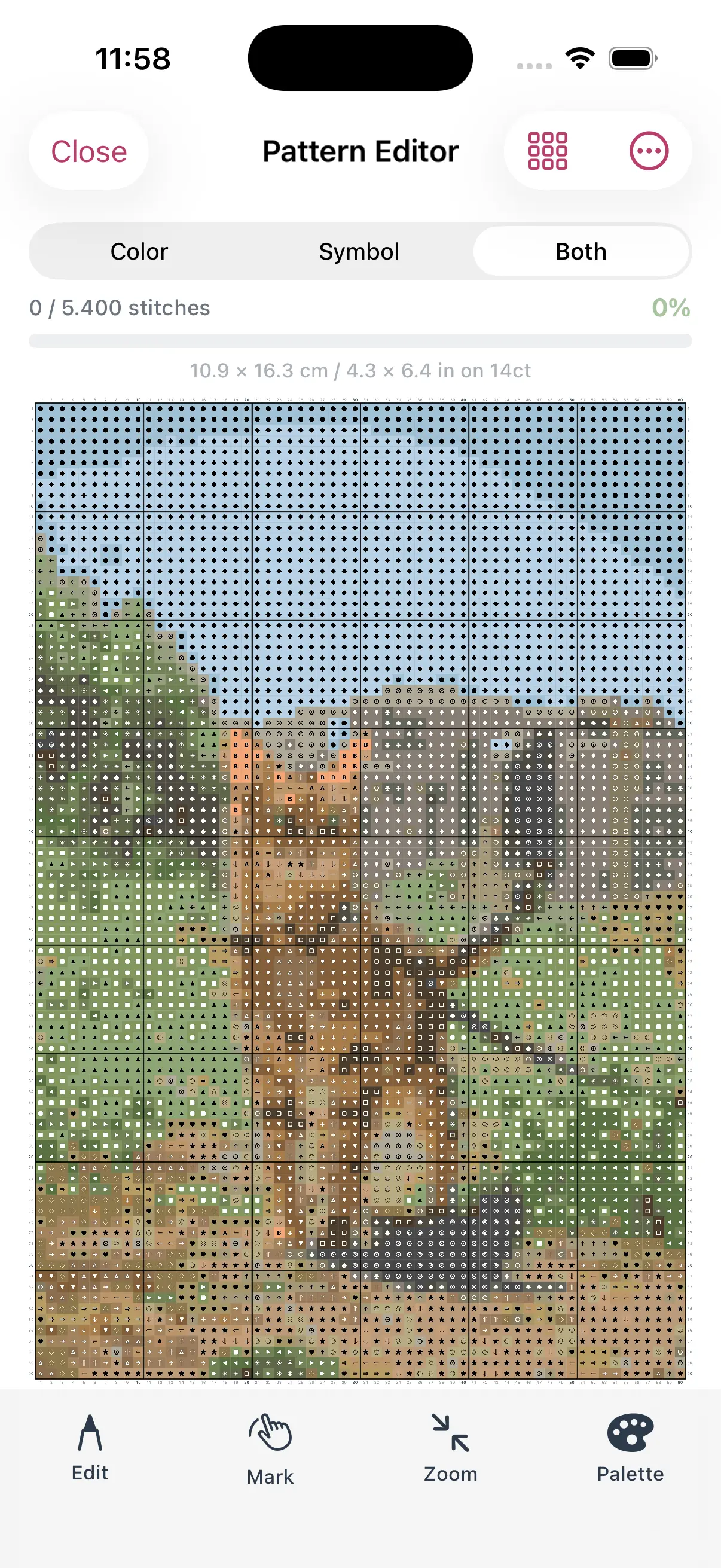 Pattern Editor - view your cross stitch pattern with color, symbol, or both modes
