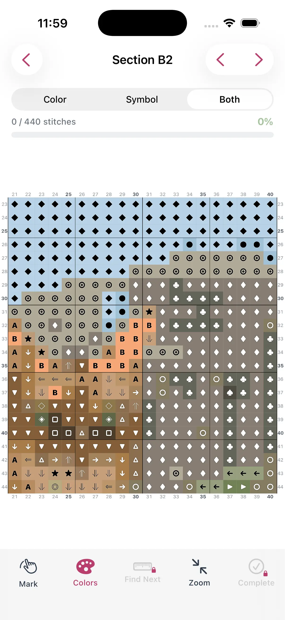 Section Detail - zoom into a section with stitch-level detail and progress tracking